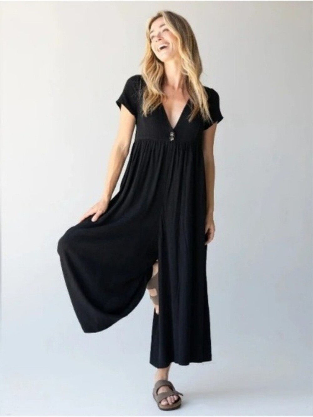 Natural Life Black V-Neck Wide Leg Jumpsuit, Size XL